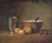 Jean Baptiste Simeon Chardin Three apple two millet bowls and silver wine class France oil painting artist